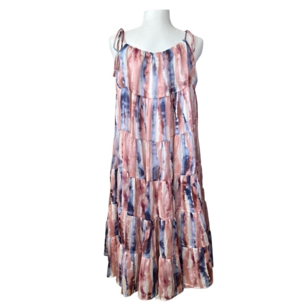 Storia Pink And Blue Gold Shimmer Watercolor Tiered Midi Dress Size M - Picture 8 of 13